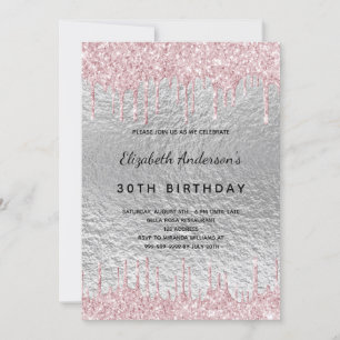 Birthday party silver glitter drips metal pink invitation