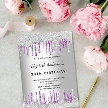 Birthday Party Silver Glitter Drips Metal Purple Invitation by Thunes at Zazzle