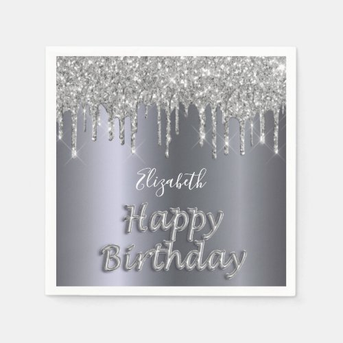Birthday party silver glitter drips name balloon napkins