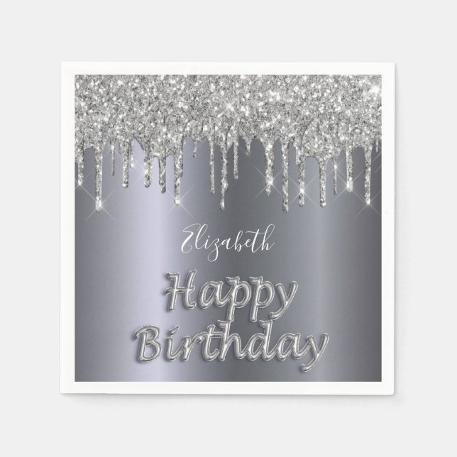 Birthday party silver glitter drips name balloon napkins (Front)