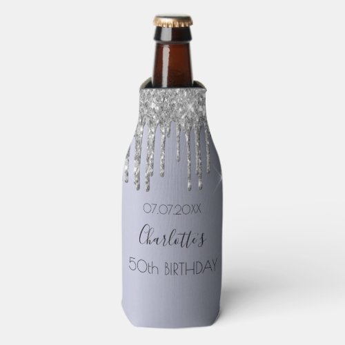 Birthday party silver glitter drips name bottle cooler
