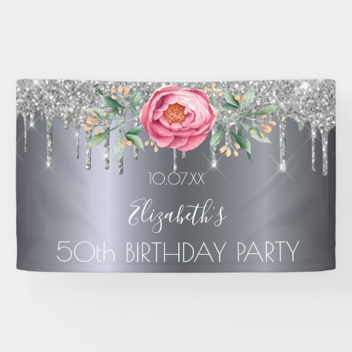 Birthday party silver glitter drips pink floral banner