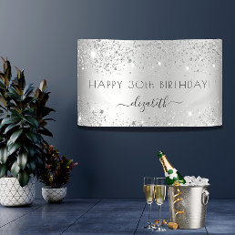 Birthday party silver glitter dust monogram banner