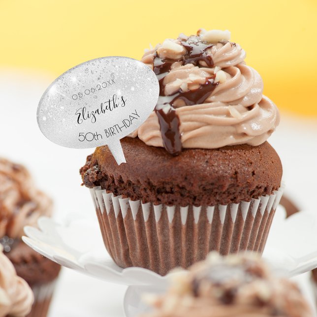 Birthday party silver glitter dust name cake topper (Creator Uploaded)