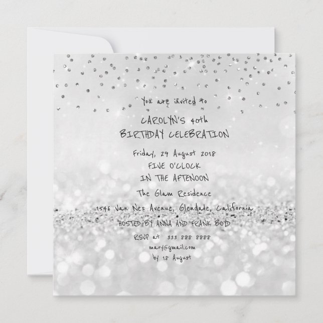 Birthday Party Silver Glitter Gray Black White Vip Invitation (Front)
