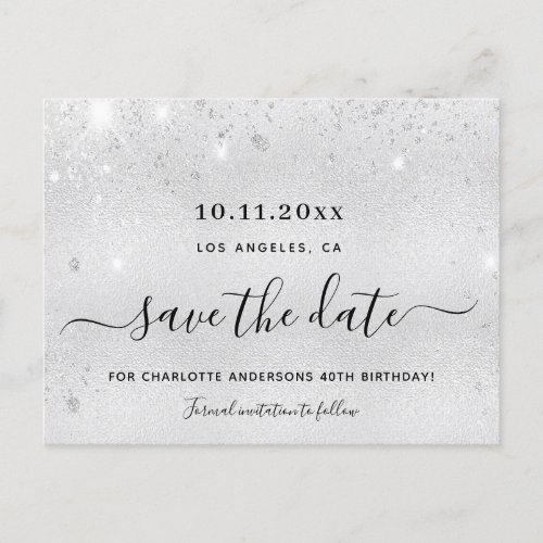 Birthday party silver glitter metal save the date announcement postcard