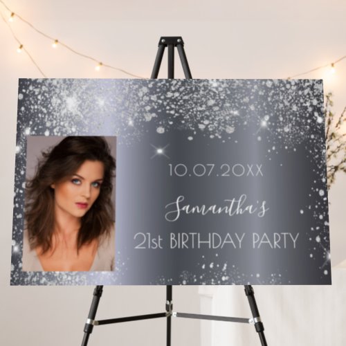 Birthday party silver glitter name photo foam board