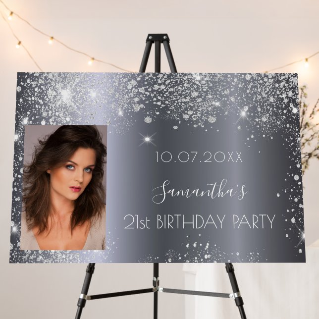 Birthday party silver glitter name photo foam board (In Situ (Stand))