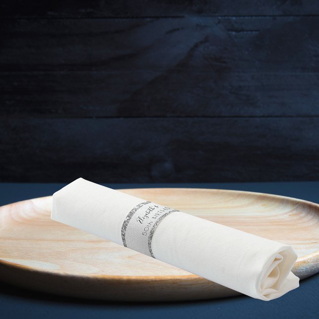 Birthday party silver glitter name script elegant napkin bands (Creator Uploaded)