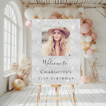 Birthday party silver glitter photo name welcome foam board<br><div class="desc">A welcome board for a 21st (or any age) birthday party. Personalize and add a photo,  a name and age. A faux silver looking background and glitter dust.
Back: no design.</div>