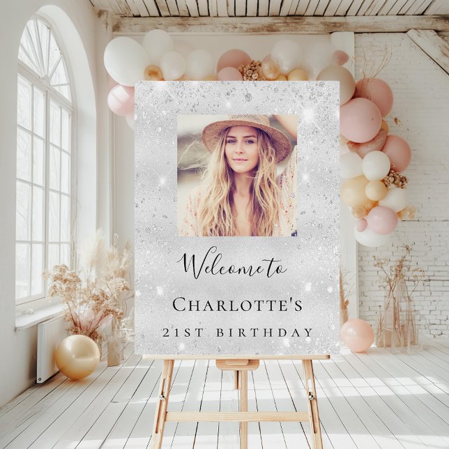 Birthday party silver glitter photo name welcome foam board (Creator Uploaded)
