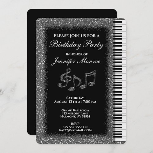 Birthday Party Silver Glitter Piano Invitation