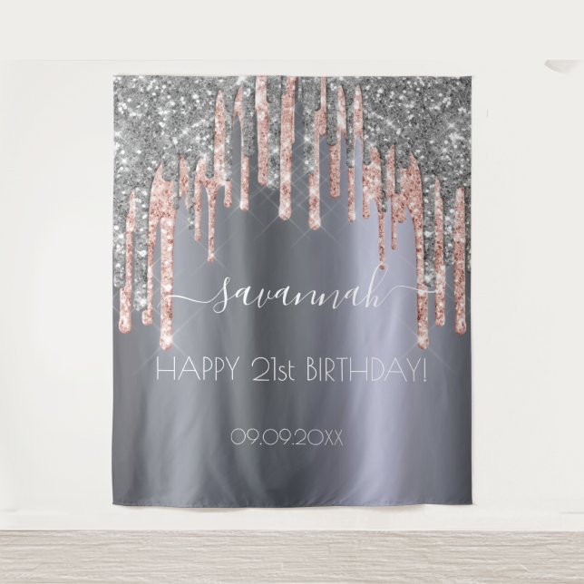 Birthday party silver glitter pink drips tapestry (Front)