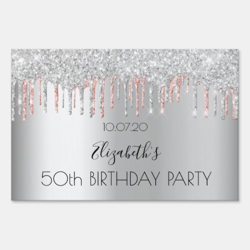 Birthday party silver glitter pink glam drive_by sign