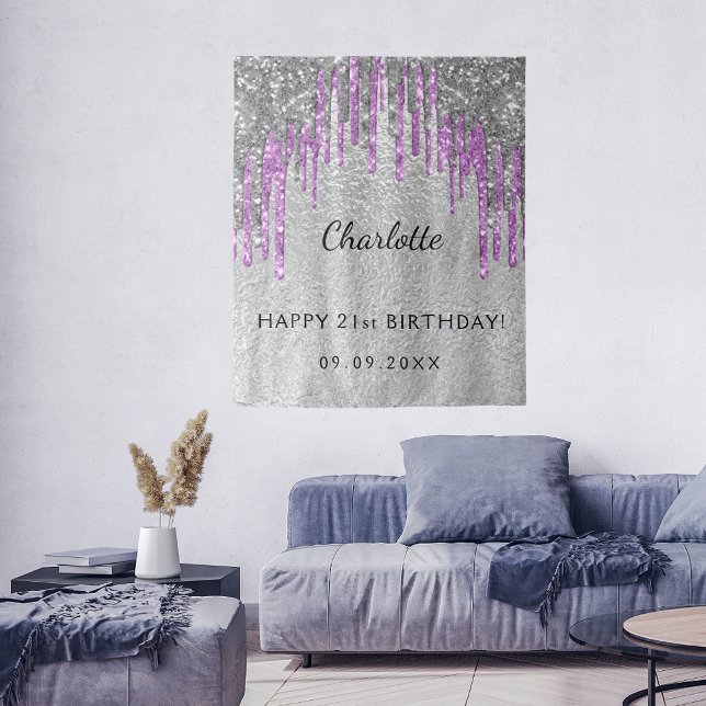 Birthday party silver glitter purple monogram chic tapestry (Creator Uploaded)