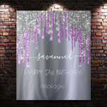 Birthday party silver glitter purple sparkle glam tapestry<br><div class="desc">A tapestry for a girly and glamorous 21st (or any age) birthday party. A faux silver looking background with elegant purple and faux silver glitter drips, paint dripping look. The text: The name is written in white with a modern hand lettered style script with swases. To keep the swashes only...</div>