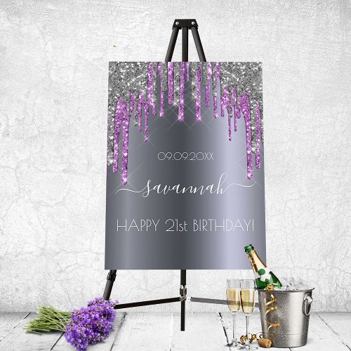 Birthday party silver glitter purple sparkle name foam board