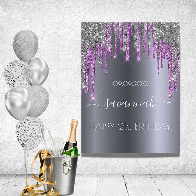 Birthday party silver glitter purple sparkle name poster (Creator Uploaded)