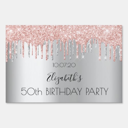 Birthday party silver glitter rose gold drive_by sign