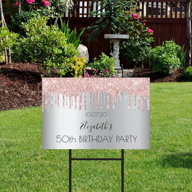 Birthday party silver glitter rose gold drive-by sign (Creator Uploaded)