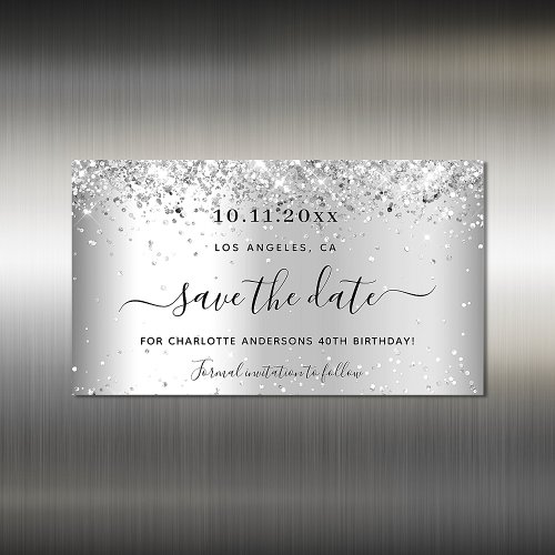 Birthday party silver glitter save the date