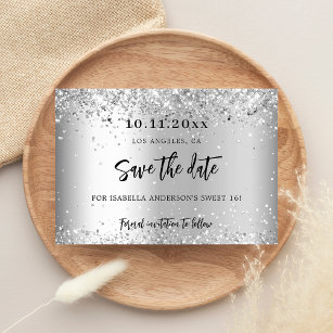 Birthday party silver glitter script save the date