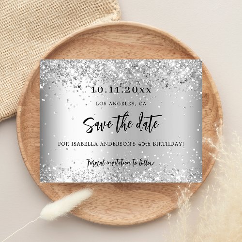 Birthday party silver glitter script save the date announcement postcard