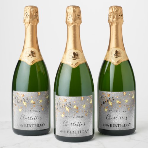 Birthday party silver gold stars cheers chic sparkling wine label