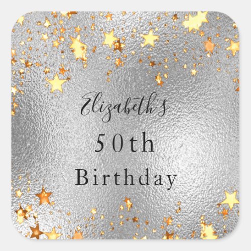 Birthday party silver gold stars modern chic square sticker