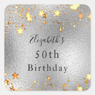 Birthday party silver gold stars modern chic square sticker
