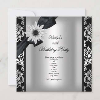 Birthday Party Silver Grey Black Damask Flower Invitation