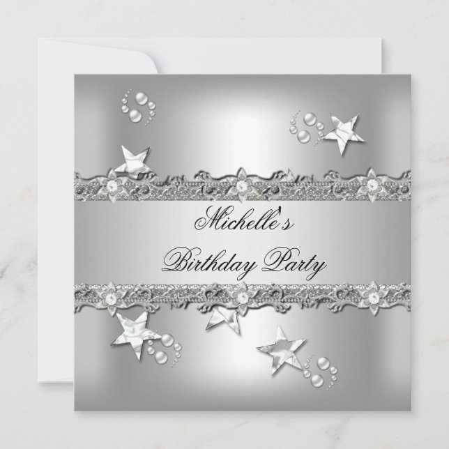 Birthday Party Silver Grey Pearl Diamond Invitation (Front)