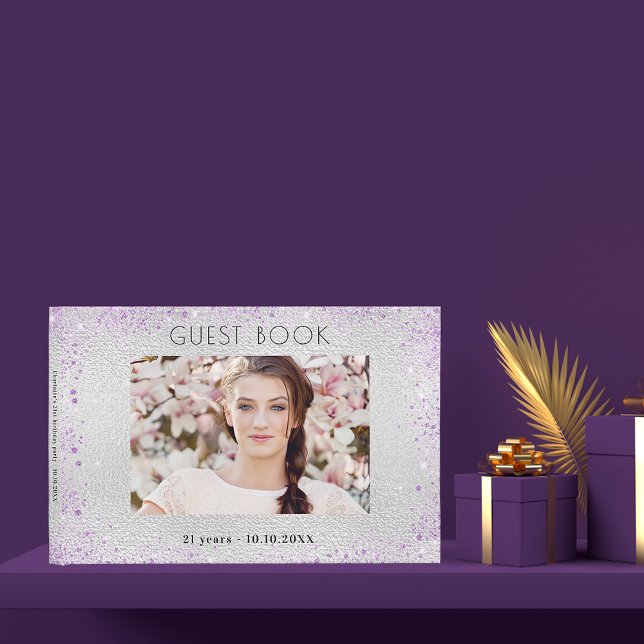 Birthday party silver lavender photo collage guest book (Creator Uploaded)