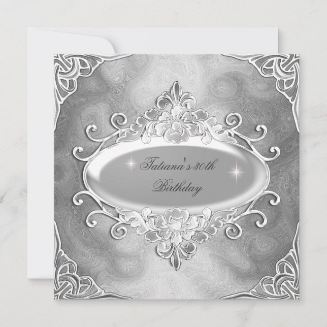 Birthday Party Silver On Silver Metal Glitter 2 Invitation (Front)