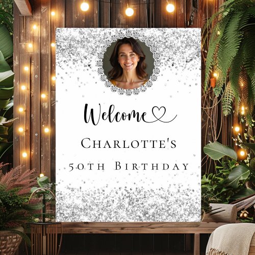 Birthday party silver photo diamonds welcome poster