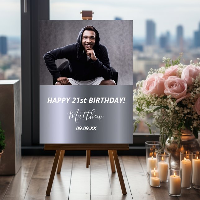 Birthday party silver photo guy name foam board (Creator Uploaded)