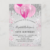 Birthday party silver pink glitter balloons girl invitation postcard (Front)