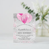 Birthday party silver pink glitter balloons girl invitation postcard (Standing Front)