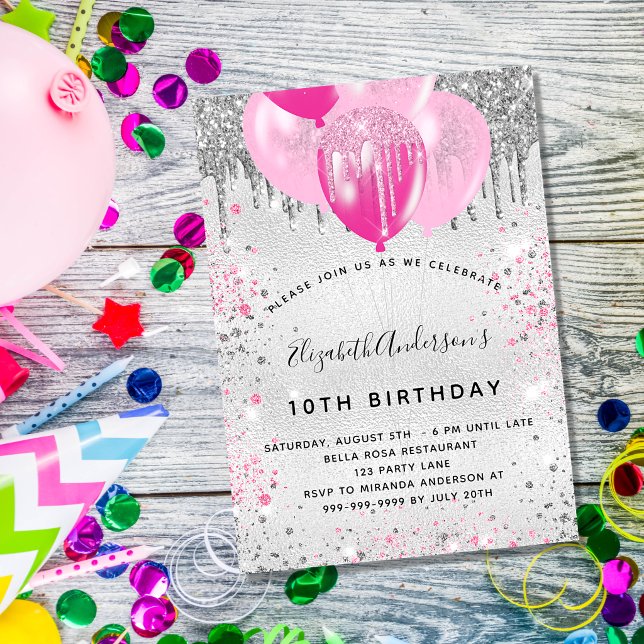 Birthday party silver pink glitter balloons girl invitation postcard