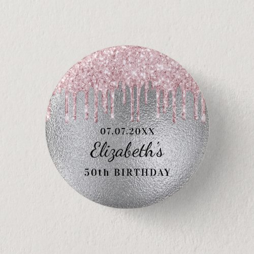 Birthday party silver pink glitter drips name  button