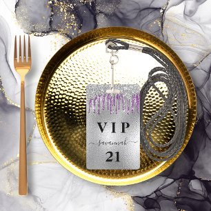 Birthday party silver purple glitter drips vip  badge