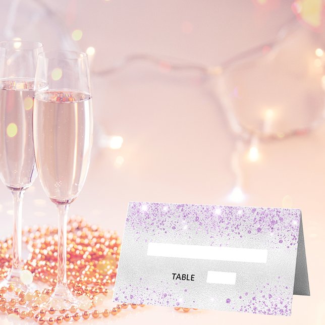 Birthday party silver purple glitter dust metal place card (Creator Uploaded)