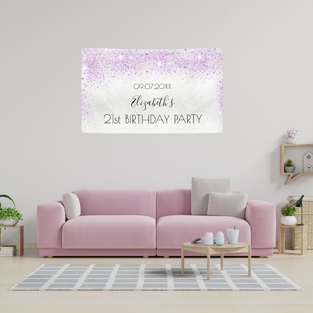 Birthday party silver purple glitter dust monogram banner (Creator Uploaded)