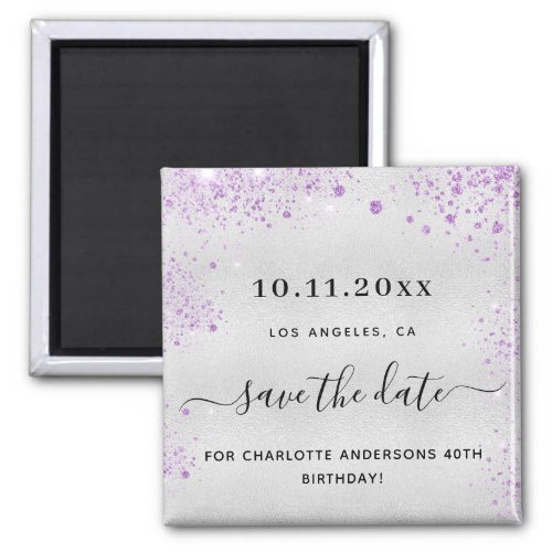 Birthday party silver purple glitter save the date magnet