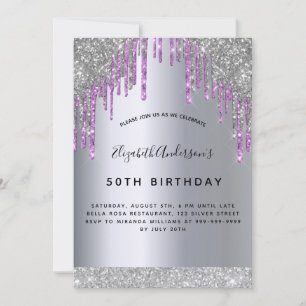 Birthday party silver purple glitter sparkle invitation