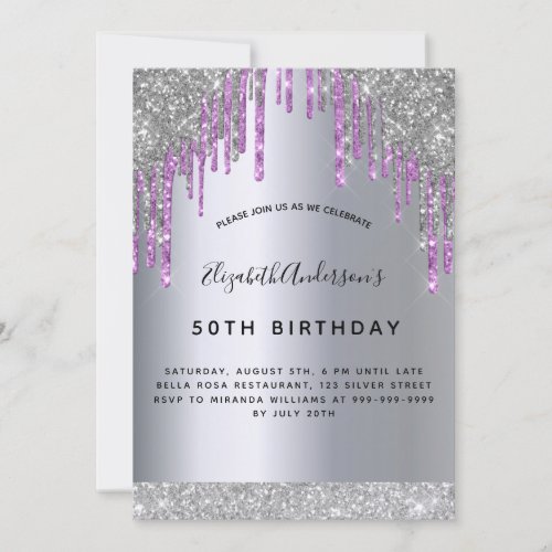 Birthday party silver purple glitter sparkle invitation