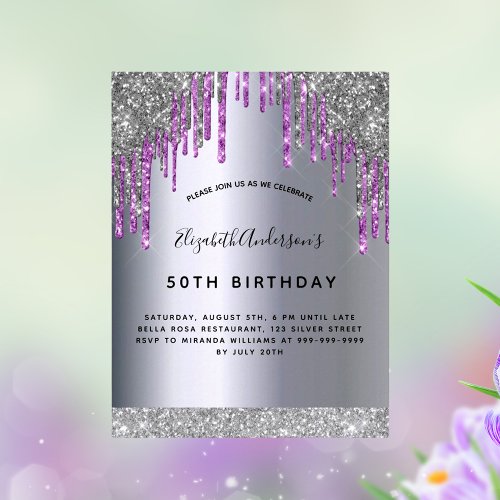 Birthday party silver purple glitter sparkle postcard