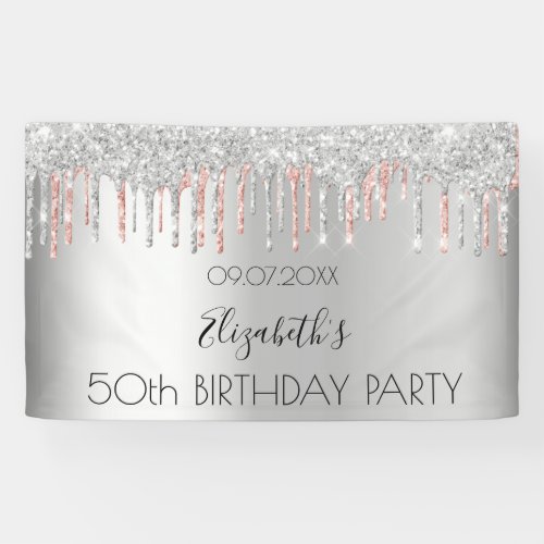 Birthday party silver rose gold glitter drips banner