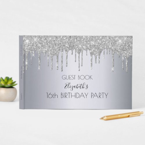 Birthday party silver rose gold glitter drips guest book