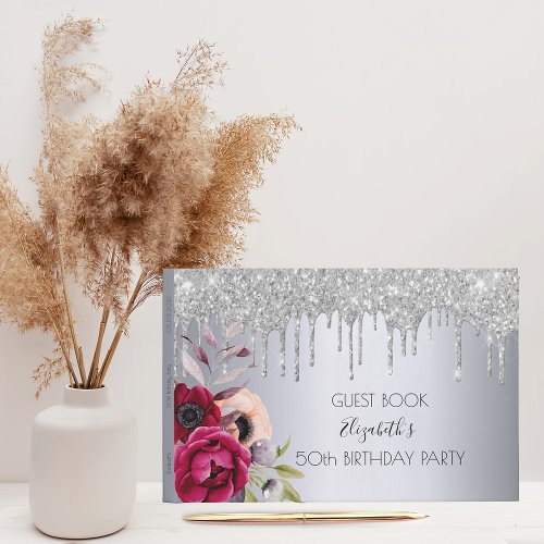 Birthday party silver rose gold glitter floral guest book